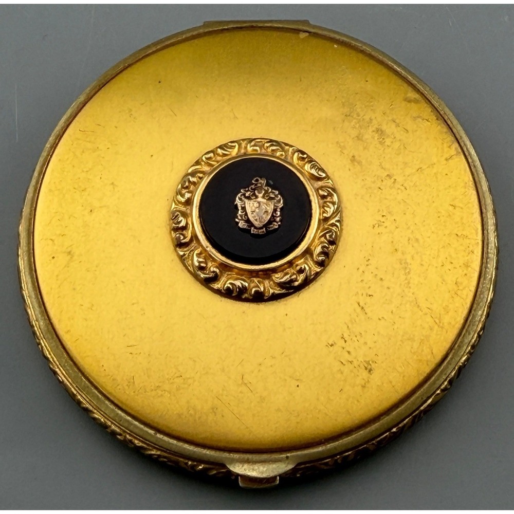 Vintage Compact Heraldic Crest Powder Rouge Mirror Gold Tone Black Stone 2.5"